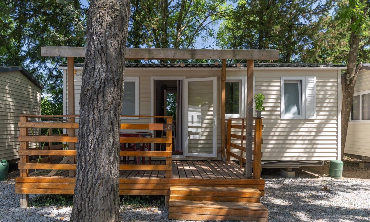 Lavilledieu RV Rental | Mobile Home 'Mobil-home B - 1-4 Persons' with Shared Pool, Private Terrace and Communal Garden