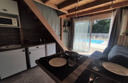 Saint-Apollinaire-de-Rias Cottage | ATYPICAL GITE WITH COVERED SWIMMING POOL in summer
