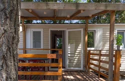 Lavilledieu RV Rental | Mobile Home 'Mobil-home B - 1-4 Persons' with Shared Pool, Private Terrace and Communal Garden
