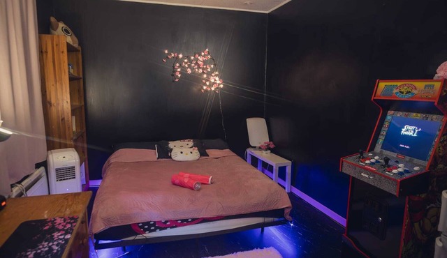 2-room apartment with air field hockey arcade machine and computer