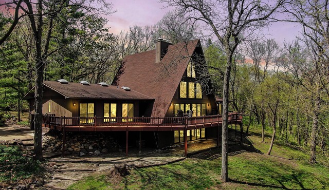 Spacious A-Frame sleeps 25 on 5 wooded acres with a private fishing pond in McHenry