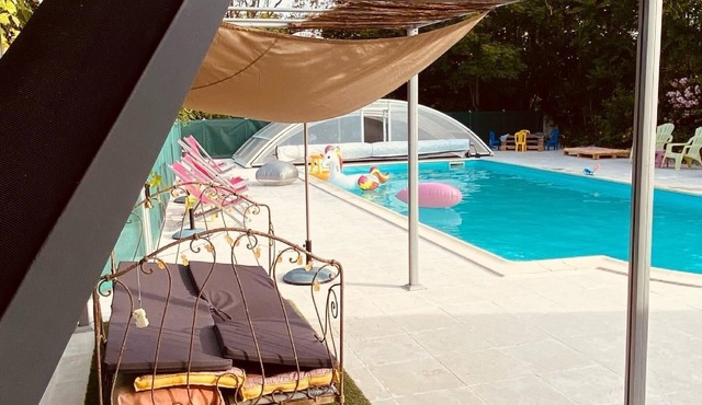white stone cottage in the countryside, with swimming pool. Magnificent view